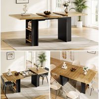 Table à rallonge télescopique (120-160×80cm), table avec étagères, table de cuisine extensible, agrandissable de 120 à 160cm grâce à des rallonges internes, pour salon et cuisine, couleur bois