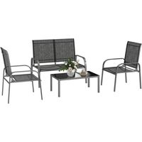 Set da Esterno 4pz con Tavolino, 2 Sedie e Divanetto con Schienale Regolabile, in Acciaio e Textilene Nero