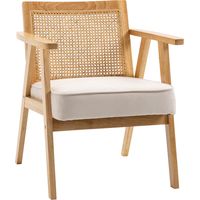 Sillón de Salón con Reposabrazos Respaldo de Ratán y Marco de Caucho Carga 120 kg Natural y Beige