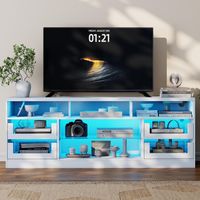 TV Schrank für Fernseher bis 65 Zoll, TV Lowboard mit LED-Beleuchtung & Steckdosenleiste, Fernsehtisch mit 4 Glasschublade, Fernsehschrank TV Board für Wohnzimmer Weiß
