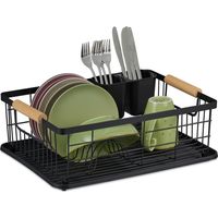 Relaxdays égouttoir, panier à couverts et bac de séchage, support à vaisselle de cuisine, plastique, métal, noir