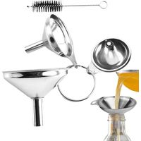 Stainless Steel Funnels For Kitchen Use- Food Grade Metal Funnels With Cleaning Brush, Durable 3-Piece Set For Oil Liquid Jam Powder