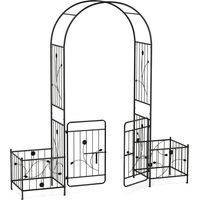 Garden Arbor Trellis with Lockable Gate, Side Planters, Black Metal