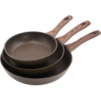 Set di 3 padelle in alluminio Padella con manico effetto legno per tutti i tipi di fornelli 20 cm - 24 cm - 28 cm Antiaderen