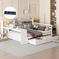 Sofá cama 140/200 cm blanco de madera con escritorio, estanterías y enchufe