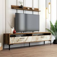 Dmora - Parete attrezzata Edasich, Composizione soggiorno, Mobile salotto multiuso, Armadio porta TV, 180x35h47 cm, Noce e Bianco Marmo, con imballo rinforzato, con imballo rinforzato