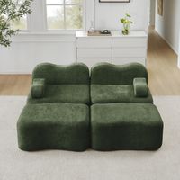Canapé modulaire 2 places avec 2 repose-pieds, velours, canapé d'angle sans structure en mousse haute densité 32D, coussin accoudoir mobile, pour salon et appartement - Vert