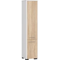 Colonne de salle de bain blanche 30 cm – 2 portes façade chêne sonoma – 5 étagères – Hauteur 140 cm – Panneau stratifié – Abamihome