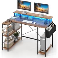 Costway – Bureau d'angle 120 cm avec éclairage LED – 4 prises secteur et 2 ports USB – Support d’écran ergonomique – Rangement pratique (Marron Rustique)