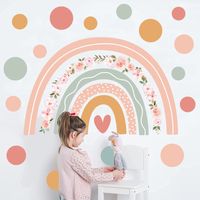 Pegatinas de pared de arcoíris con lunares bohemios, pegatinas de pared de flores rosas para habitación de niña, decoración de pared para el hogar y la guardería.