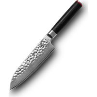 Coltello SANTOKU KOTAI de della collezione "Pakka Ladies" con lama de 18cm in acciaio inox de lama Damasco de high carbon AUS-10 con manico de legno Pakka e custodia de bamboo