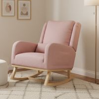 Poltrona a dondolo scandinava - tessuto Sherpa - con cuscino e tasche laterali - comodi braccioli - schienale reclinabile - gambe in legno massello - sedia a dondolo - Rosa