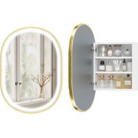 Meuble de salle de bain avec miroir et éclairage LED tricolore, meuble ovale mural avec fonction mémoire et traitement antibuée, doré