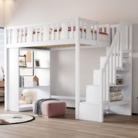 , Lit mezzanine 90x200cm, lit enfant avec escalier de rangement, lit mezzanine avec plusieurs grands compartiments de rangement, lit fonctionnel, lit enfant, lit junior, lit en bois...