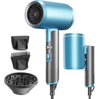 Sèche-cheveux, 2400 W, pliable, ionique, séchage rapide, professionnel, avec bouton chaud/froid, 3 niveaux de chaleur, moteur AC, diffuseur et sac de rangement (gris-bleu)