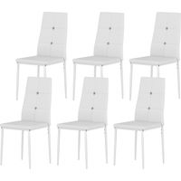 Sillas de comedor tapizadas en PU blanco, respaldo alto con botones, patas acero, juego de 6, diseño moderno