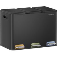 Poubelle Triple de Cuisine, Poubelle Recyclage 3 x 15 L avec Pédales Couleur, Système de Séparation Déchets, avec Couvercles et Seaux Intérieurs, Acier, Noir