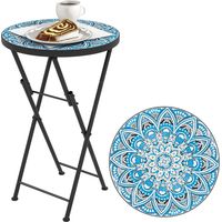 Mesa Auxiliar Redonda de Jardín Plegable con Encimera de Mosaico y Almohadillas Antideslizantes Ø35,5x55 cm Azul