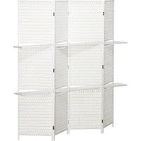 Paravent 4 panneaux pliable 181×180 cm, séparateur d'espace avec 2 étagères, structure pin et bambou, couleur blanc, adapté pour chambre