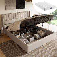 Letto imbottito letto contenitore letto idraulico (biancheria beige 140x200 cm compreso materasso) OKWISH