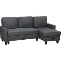 Divano Letto 3 Posti con Chaise e Spazio Contenitore, in Tessuto Effetto Lino, 197x129x85 cm, Grigio Carbone