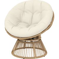 Fauteuil Papasan pivotant 360° en osier blanc crème, coussin inclus, structure acier, rotin, lounge, Ø120xH70cm