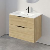 BERNSTEIN - Meuble suspendu en bois laqué avec lavabo vasque en céramique intégré + 2 tiroirs soft-close - Poignée métal - 79,8x45,5x62cm - TIM 80 Sans colonne latérale, Chêne gris brume, Noir mat