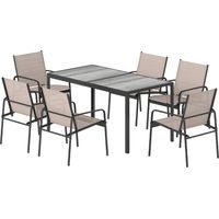 Mesa et Sillas Jardín Caqui Effet Bois, 6 Sillas Asiato Transpirable, 140x90x74 cm