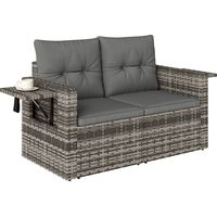 2-Sitzer Rattansofa mit Kissen Klappbar Seitentabletts Loungesofa Sitzgruppe Hellgrau