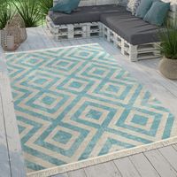 Paco Home Moderner Outdoor Teppich Rauten-Muster Vintage-Look Flachgewebe Wetterfest 80x150 cm, Blau-Weiß
