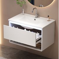 Mueble lavabo suspendido, 76,5 x 46 x 45 cm, con LED, 1 cajón, estante abierto, blanco