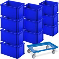 BRB 10er SPAR-Set Euro-Behälter PLUS Transportroller, 600x400x320 mm Industriequalität lebensmittelecht (blau/blau)