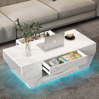 White Marble Coffee Table with LED Lights, High Gloss Modern Coffee Table with 2 Drawers and Open Storage, Unique Geometric Centre Table for Living Room