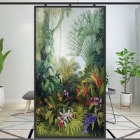 Film décoratif pour fenêtre, paysage forestier, peinture à l’huile, effet givré, adhésif statique sans colle (E, 82 x 140 cm (32,3" x 55,1"))