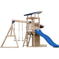 Axi Malik Aire De Jeux En Bois Avec 2 Balançoires, Toboggan Bleu / Aire De Jeux Extérieur, Bac À Sable, Mûr De Jeux/Toboggan Avec Raccordement À Eau Portique Balançoire/Jeux En Bois Extérieur