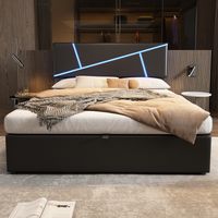 Bequemes Polsterbett mit LED-Lichtleisten,Doppelbett mit Lattenrost, Rückenlehne, hydraulisches Funktionsbett, Synthetisches Leder, Schwarz