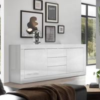Buffet BASICO 2 Portes 3 Tiroirs Blanc Laque brillant - L210xP42xH85,8 cm