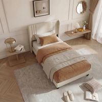 Cama 90x200, cama 1 persona en lino con somier de láminas, estructura de cama robusta madera y metal, 15 cm espacio de almacenamiento, estilo moderno beige
