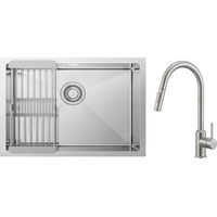 Lavello Cucina 1 Vasca Spazzolato con Cestello Scarico 60×44cm + Miscelatore Cucina con Doccetta Estraibile Girevole a 360° Spazzolato