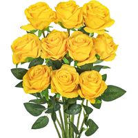 Lot de 10 roses artificielles en soie à longue tige pour bouquet de mariage, centre de table ou décoration d'intérieur (jaune)