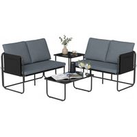 Conjunto Jardín Exterior de 4 Piezas con 2 Sofás 2 Plazas 2 Mesas de Vidrio Cojines Fundas Extraíbles y Bolsillos Gris