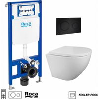 Pack WC Bastidor empotrado ROCA Duplo cisterna y pulsador PL10 dual negro con inodoro suspendido Koller Pool Round Smart blanco Tornado 3.0