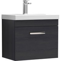 Nuie Athena Charcoal Black Woodgrain 600mm Wall Hung Single Drawer Vanity Unit and Mid Edge Ceramic Basin - ATH040A