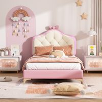 Lit double et individuel, forme vague, cadre rose, bandes LED multicolores, pieds bois. Lit individuel 90x200 cm, matériau PU, couleur rose.