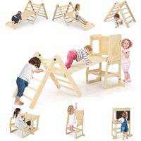7 en 1 Toboggan - GOPLUS - Triangle d'escalade Montesorri, Escabeau Convertible, Tableau Noir, Table,Chaise,pour 3-14Ans, Naturel