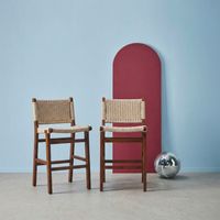 Lot de 2 tabourets de bar en bois d'hévéa et assise en cordes Effet Noyer / Beige