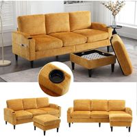 Canapé ottoman 4 places avec rangement intégré - Accoudoirs avec porte-gobelets et poches latérales - Revêtement chenille - Jaune