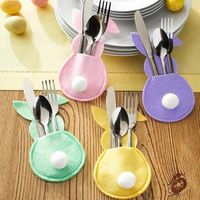 Lot de 4 pochettes à couverts en feutrine en forme de lapin de Pâques - Décorations de Pâques pour la maison et la vaisselle - Accessoires de table