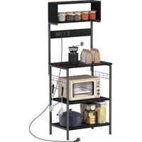 Scaffale da Cucina con Multipresa per Microonde con Ripiani e Ganci Stile Industriale, Legno e Acciaio, Nero