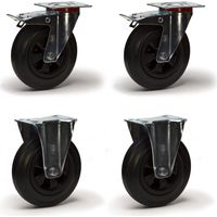Lot de 4 roulettes pivotantes à frein et fixes caoutchouc noir 100 mm - 210 Kg